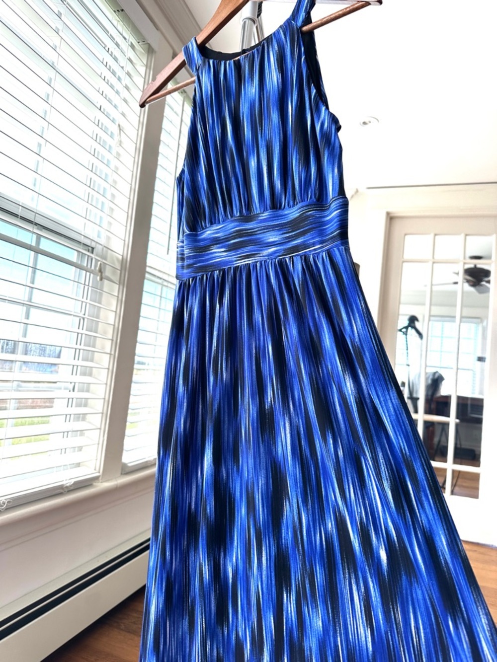 Saks Fifth Avenue “Black” Blue & Black Striped Halter Dress, Maxi, Stretch Knit - Picture 2 of 13